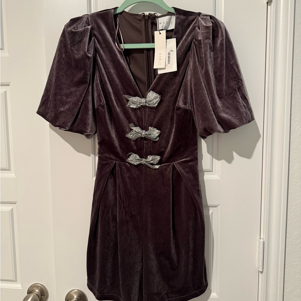 Velvet Plum Short Sleeve Romper with Crystal Bows